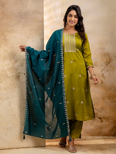Indyancart VV Women's Embroidered Silk Blend Kurta Pant Sets With Dupatta