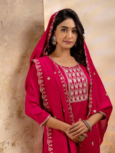 Indyancart VV Women's Embroidered Silk Blend Kurta Pant Sets With Dupatta