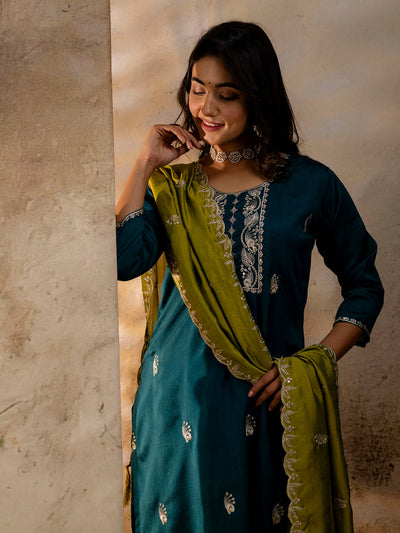 Indyancart VV Women's Embroidered Silk Blend Kurta Pant Sets With Dupatta