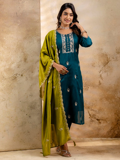 Indyancart VV Women's Embroidered Silk Blend Kurta Pant Sets With Dupatta