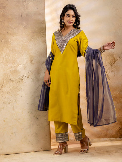 Indyancart VV Women's Embroidered Viscose Rayon Calf Length Straight Kurta Trouser with Dupatta Set