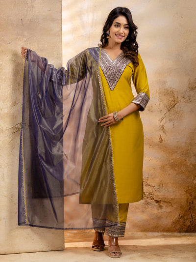 Indyancart VV Women's Embroidered Viscose Rayon Calf Length Straight Kurta Trouser with Dupatta Set