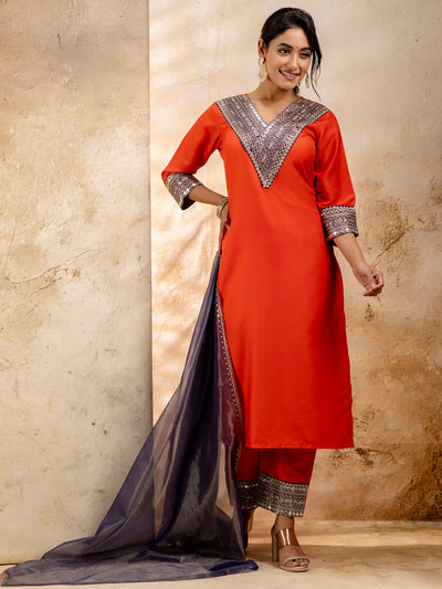 Indyancart VV Women's Embroidered Viscose Rayon Calf Length Straight Kurta Trouser with Dupatta Set
