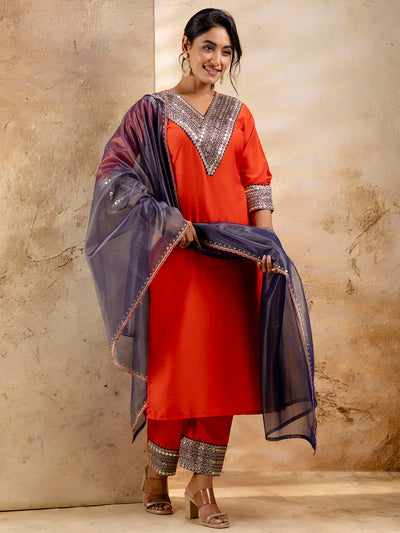 Indyancart VV Women's Embroidered Viscose Rayon Calf Length Straight Kurta Trouser with Dupatta Set
