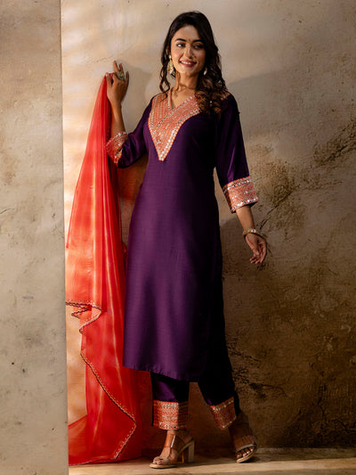 Indyancart VV Women's Embroidered Viscose Rayon Calf Length Straight Kurta Trouser with Dupatta Set