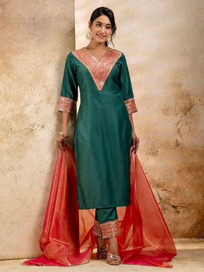 Indyancart VV Women's Embroidered Viscose Rayon Calf Length Straight Kurta Trouser with Dupatta Set