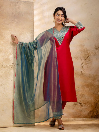 Indyancart VV Women's Embroidered Viscose Rayon Calf Length Straight Kurta Trouser with Dupatta Set