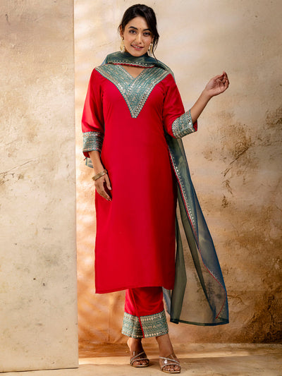 Indyancart VV Women's Embroidered Viscose Rayon Calf Length Straight Kurta Trouser with Dupatta Set