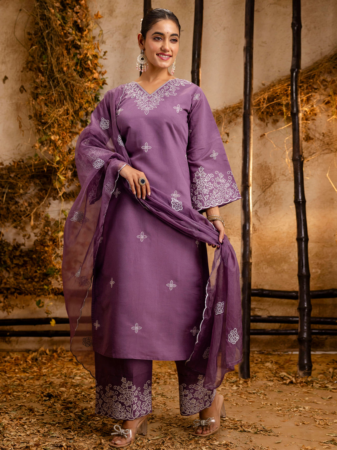 Dhiyona VV Women's Embroidered Silk Blend Calf Length Straight Kurta Trouser with Dupatta Set