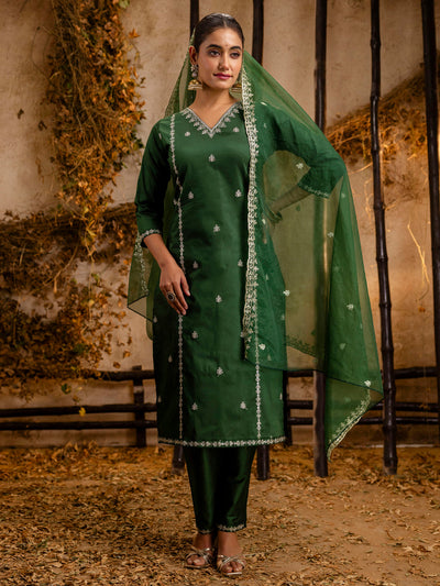 Indyancart VV Women's Embroidered Silk Blend Calf Length Straight Kurta Trouser with Dupatta Set