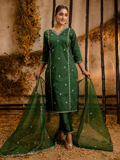 Indyancart VV Women's Embroidered Silk Blend Calf Length Straight Kurta Trouser with Dupatta Set