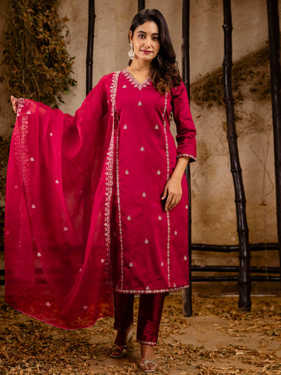 Indyancart VV Women's Embroidered Silk Blend Calf Length Straight Kurta Trouser with Dupatta Set