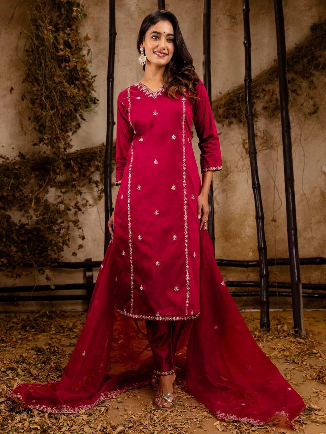Dhiyona VV Women's Embroidered Silk Blend Calf Length Straight Kurta Trouser with Dupatta Set