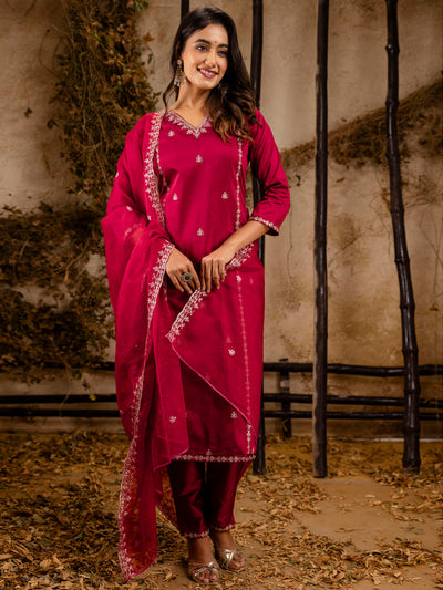 Indyancart VV Women's Embroidered Silk Blend Calf Length Straight Kurta Trouser with Dupatta Set