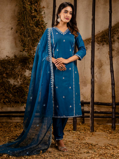 Indyancart VV Women's Embroidered Silk Blend Calf Length Straight Kurta Trouser with Dupatta Set
