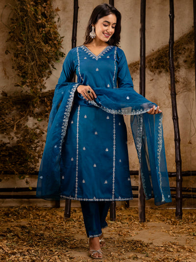 Indyancart VV Women's Embroidered Silk Blend Calf Length Straight Kurta Trouser with Dupatta Set