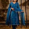 Dhiyona VV Women's Embroidered Silk Blend Calf Length Straight Kurta Trouser with Dupatta Set
