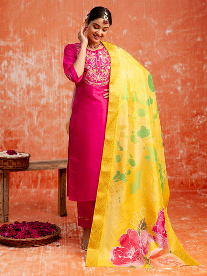 Dhiyona VV Women Silk Blend Kurta Pant Dupatta Set