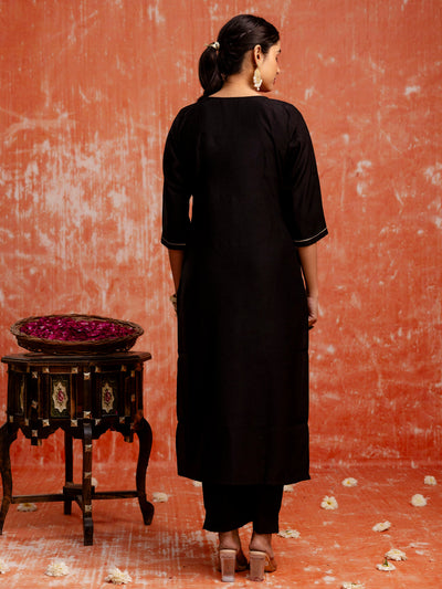 Indyancart VV Embroidery Straight Black Kurta & Pant with Dupatta Set