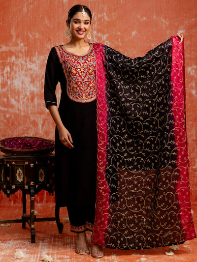 Indyancart VV Embroidery Straight Black Kurta & Pant with Dupatta Set