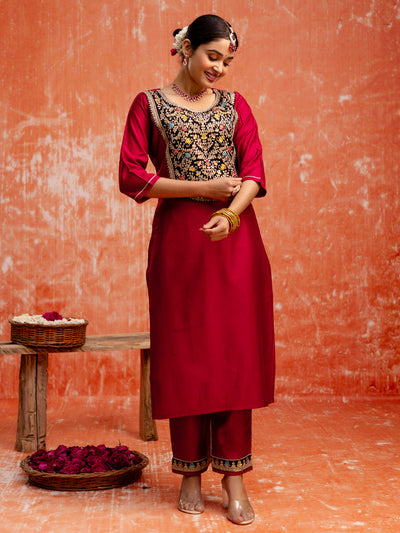 Indyancart VV Embroidery Straight Maroon Kurta & Pant with Dupatta Set