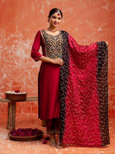 Indyancart VV Embroidery Straight Maroon Kurta & Pant with Dupatta Set