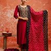 Dhiyona VV Embroidery Straight Maroon Kurta & Pant with Dupatta Set