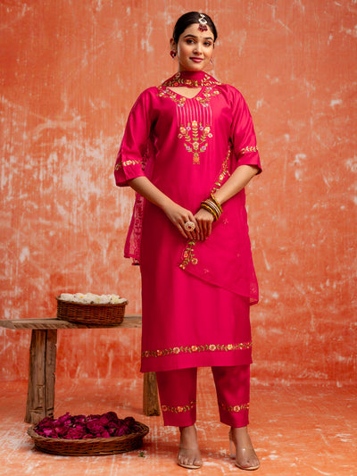 Indyancart VV Kaily Pink Silk Embroidered Kurta with Trousers & Dupatta Suits