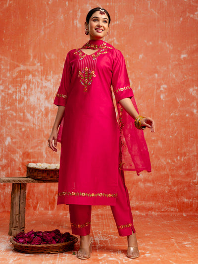 Indyancart VV Kaily Pink Silk Embroidered Kurta with Trousers & Dupatta Suits