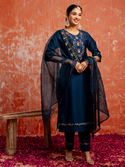 Dhiyona VV Embroidered Kurta Pant Set with Organza Dupatta Modern and Traditional Blend Ethnic Wear Set