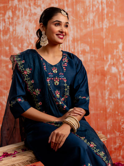 Indyancart VV Embroidered Kurta Pant Set with Organza Dupatta Modern and Traditional Blend Ethnic Wear Set