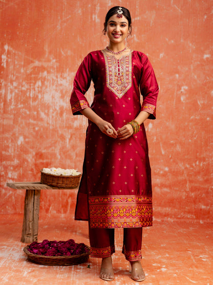 Dhiyona VV Suchitra Women Maroon Yoke Design Silk Blend Straight Suit With Dupatta