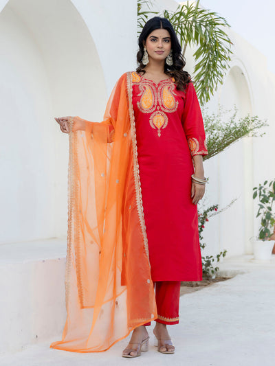 Indyancart VV Sarayi Pink Silk Blend Straight Suit Set With Dupatta
