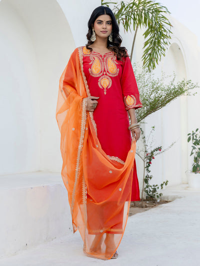 Indyancart VV Sarayi Pink Silk Blend Straight Suit Set With Dupatta