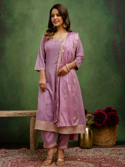 Indyancart VV Navrangi Lavender Stylish Anarkali Kurta Set Ready to Wear Soft Silk Fabric with Embroidered Dupatta Tailored Fit