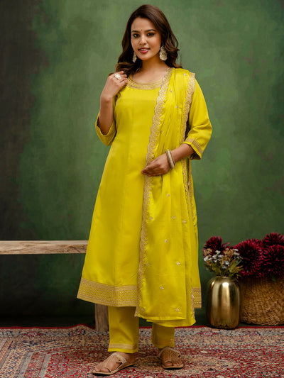 Indyancart VV Lalita Lemon Stylish Anarkali Kurta Set Ready to Wear Soft Silk Fabric with Embroidered Dupatta Tailored Fit
