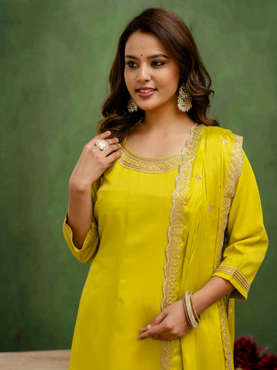 Indyancart VV Lalita Lemon Stylish Anarkali Kurta Set Ready to Wear Soft Silk Fabric with Embroidered Dupatta Tailored Fit