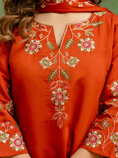Indyancart VV Rust Women Anarkali Kurta with Pant & Chinon Dupatta Suits, Festive Ethnic Set