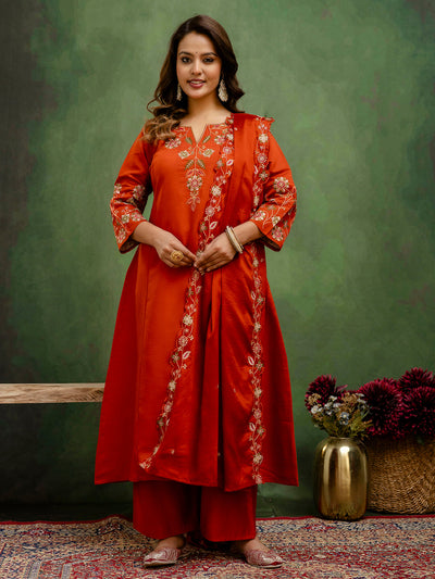 Indyancart VV Rust Women Anarkali Kurta with Pant & Chinon Dupatta Suits, Festive Ethnic Set