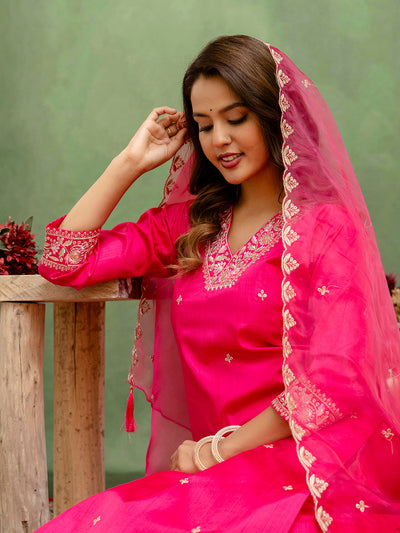 Indyancart VV Tulsi Pink Women Kurta Sets With Dupatta Straight Suits