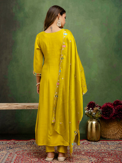 Dhiyona VV Kavisha Lemon Stylish Anarkali Kurta Set Ready to Wear Soft Silk Fabric with Embroidered Dupatta Tailored Fit