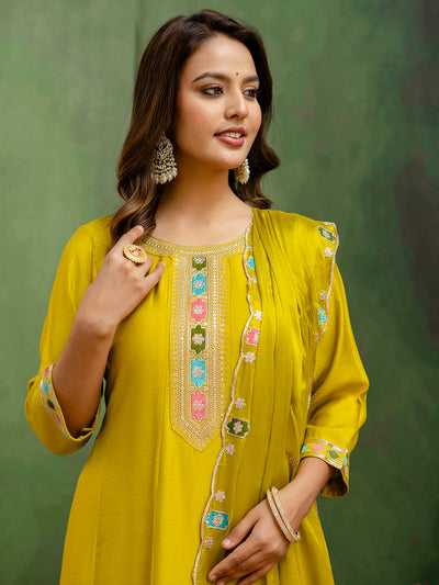 Indyancart VV Kavisha Lemon Stylish Anarkali Kurta Set Ready to Wear Soft Silk Fabric with Embroidered Dupatta Tailored Fit