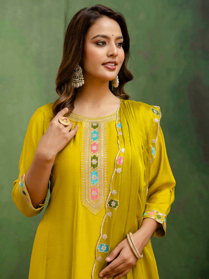 Dhiyona VV Kavisha Lemon Stylish Anarkali Kurta Set Ready to Wear Soft Silk Fabric with Embroidered Dupatta Tailored Fit