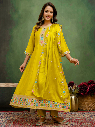 Indyancart VV Kavisha Lemon Stylish Anarkali Kurta Set Ready to Wear Soft Silk Fabric with Embroidered Dupatta Tailored Fit