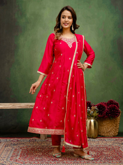 Indyancart VV Tanmayi Elegant Ready to Wear Anarkali Kurta Set in Soft Silk Blend with Embroidered Dupatta and Perfect Fit