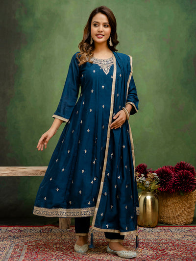 Indyancart VV Mohini Stylish Anarkali Kurta Set Ready to Wear Soft Silk Fabric with Embroidered Dupatta Tailored Fit