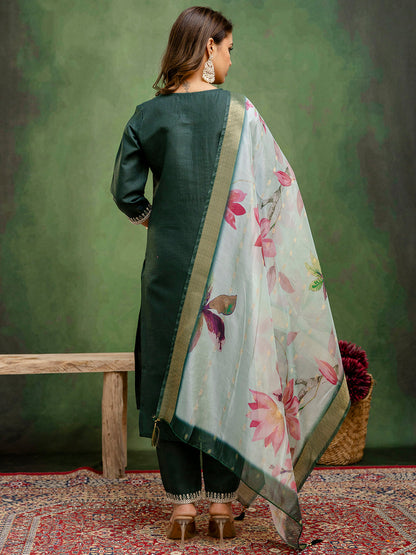 Dhiyona VV Haimavati Green Women Kurta and Trousers Pant Sets Cotton Blend