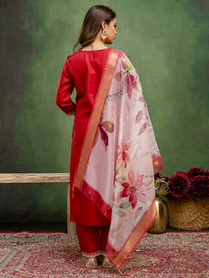 Dhiyona VV Nitya Maroon Women Kurta and Trousers Pant Sets Cotton Blend