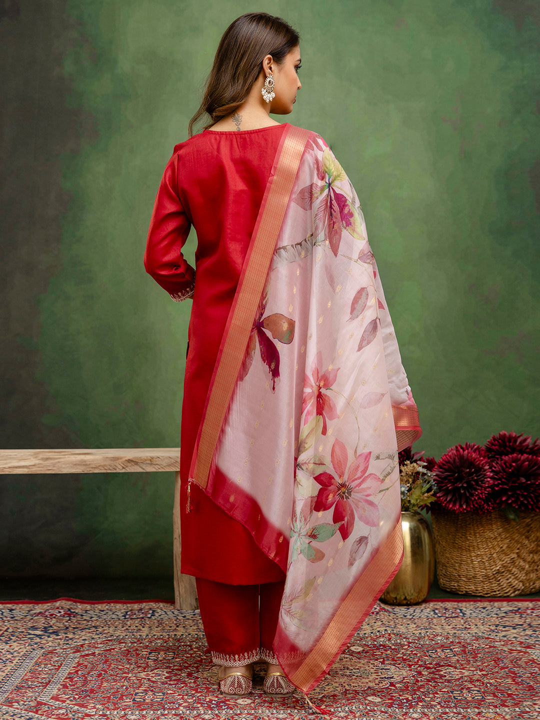 Dhiyona VV Maroon Women Kurta and Trousers Pant Sets Cotton Blend
