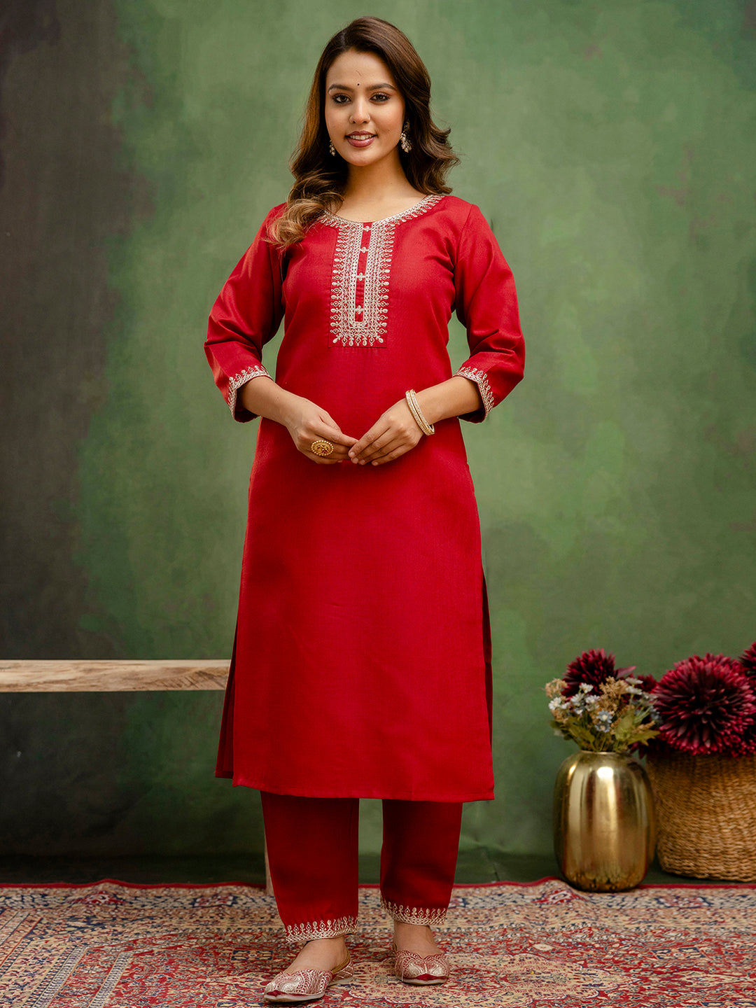 Dhiyona VV Maroon Women Kurta and Trousers Pant Sets Cotton Blend